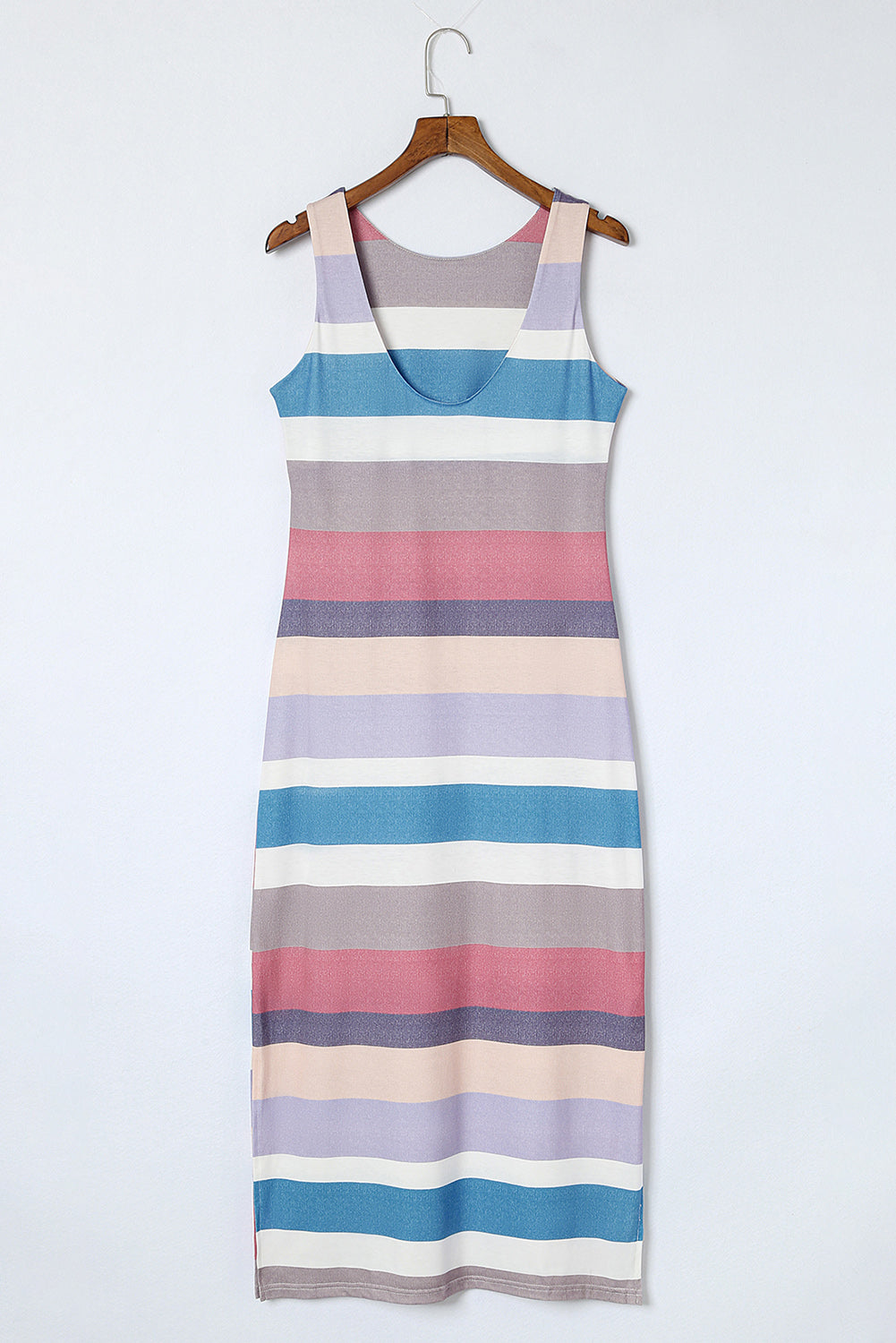 Multicolor Stripe Print Slit Maxi Tank Top Dress