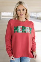 Fiery Red Chenille MERRY Christmas Raglan Sleeve Sweatshirt
