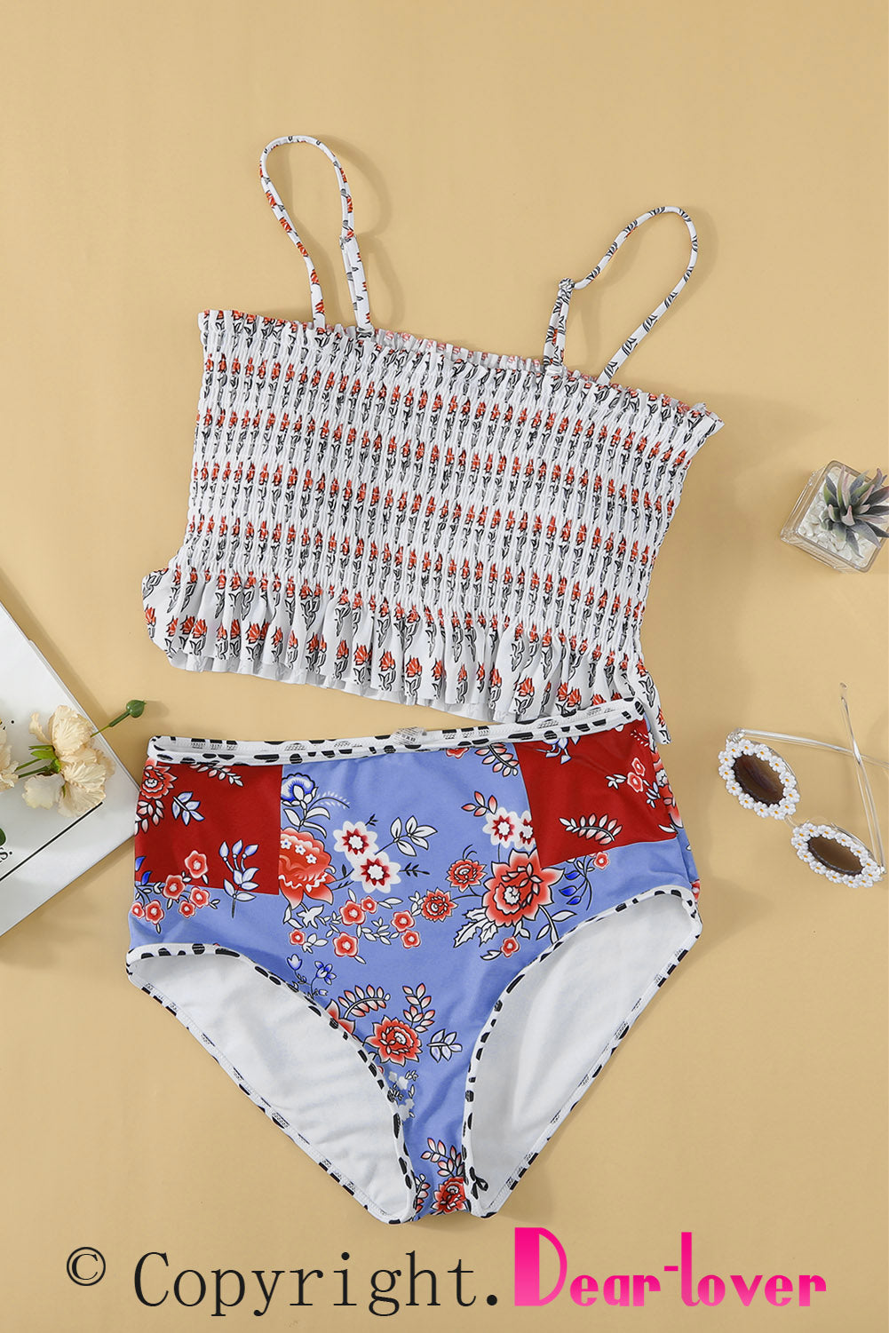 White Printed Smocked High waisted swimsuits