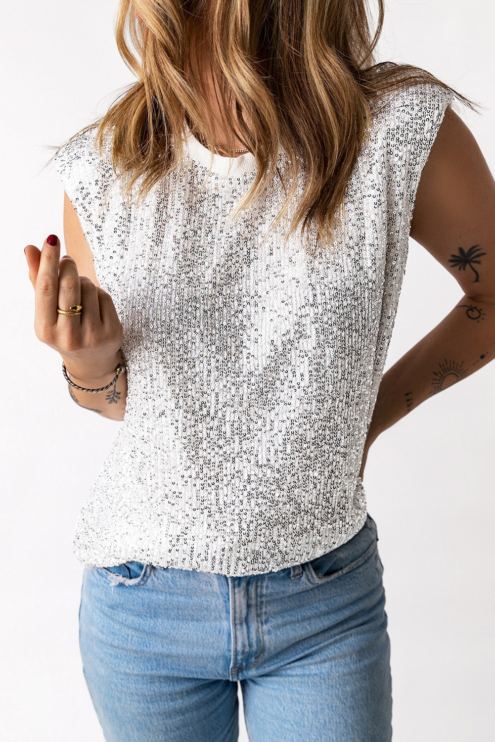 Apricot Sequin Round Neck Tank Top