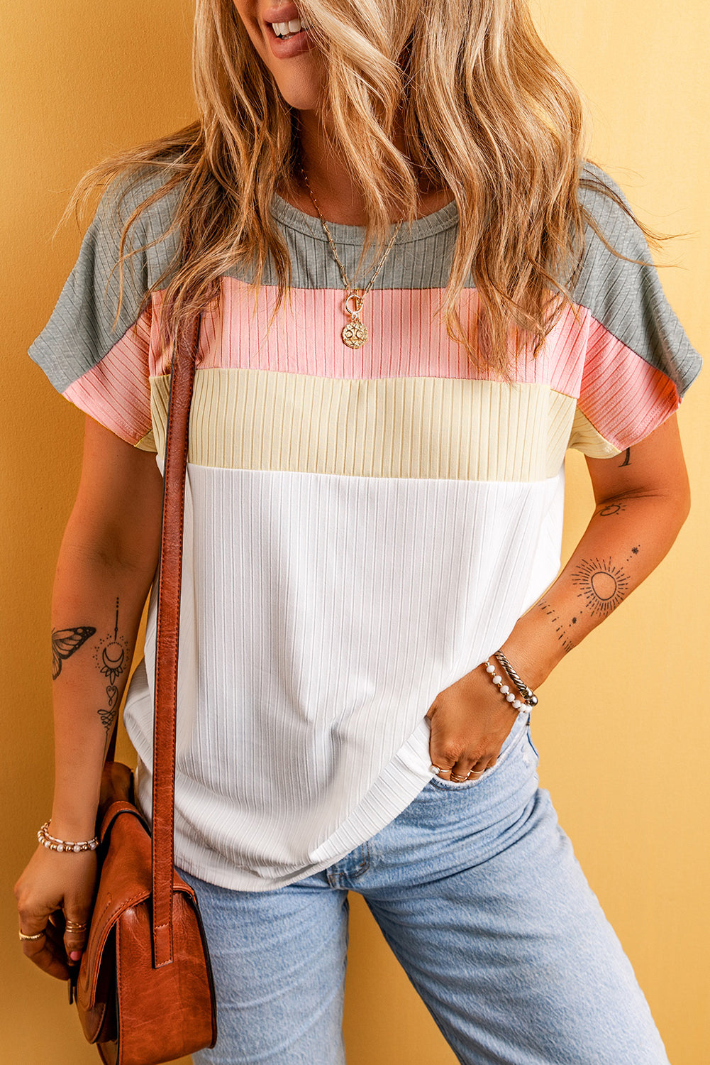 White Ribbed Color Block Patchwork T-shirt