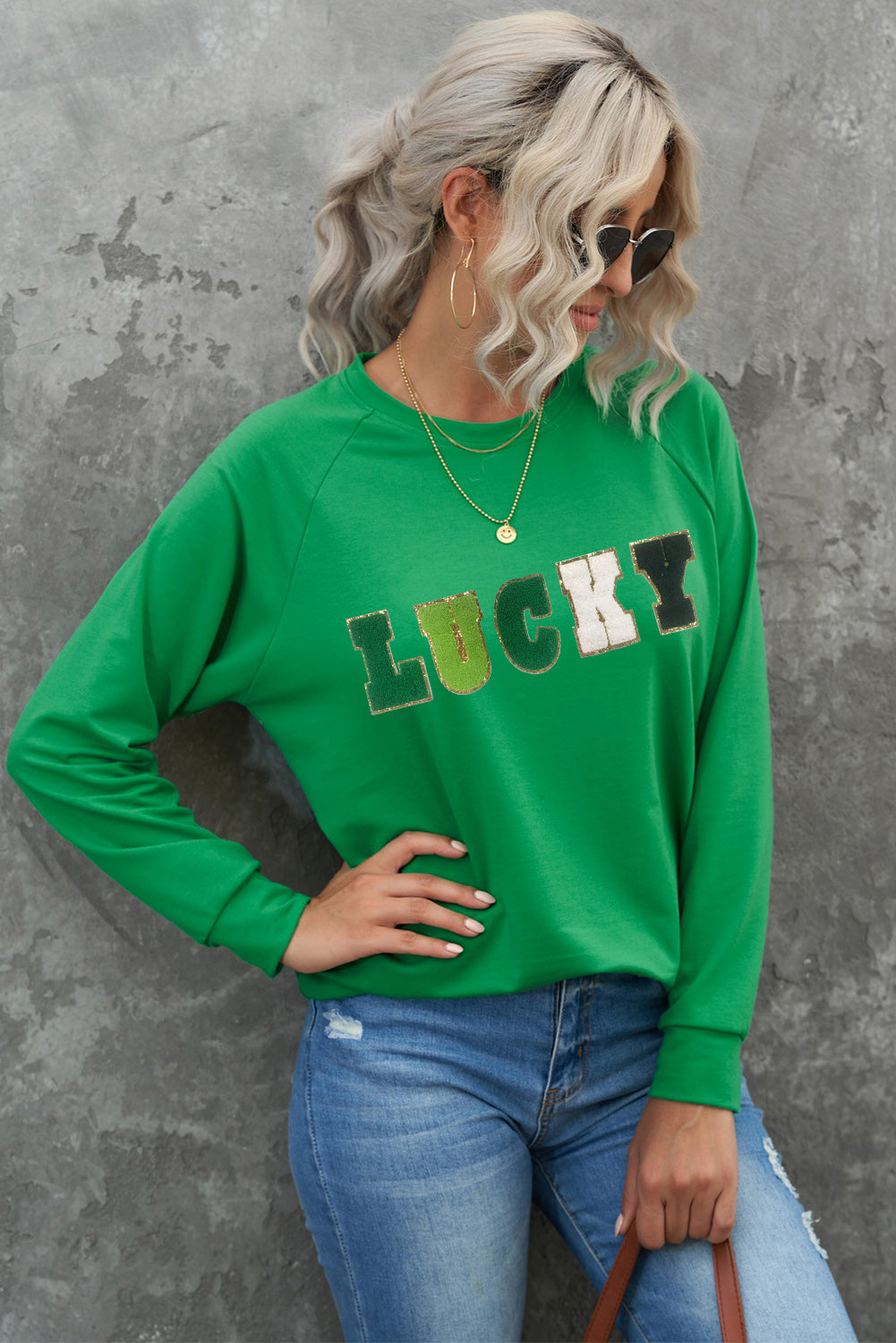 Green St Patricks LUCKY Chenille Embroidered Graphic Sweatshirt