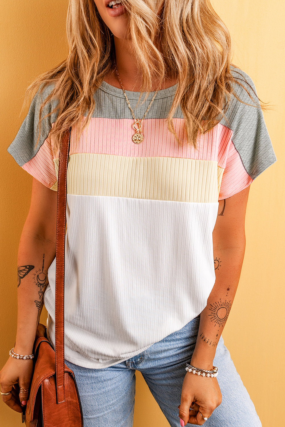 White Ribbed Color Block Patchwork T-shirt