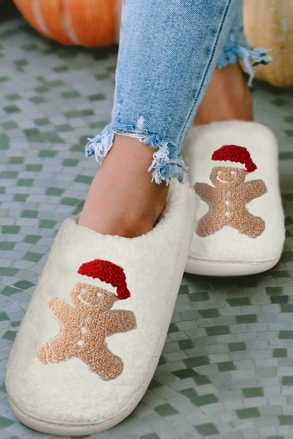White Christmas Gingerbread Man Plush Home Slippers