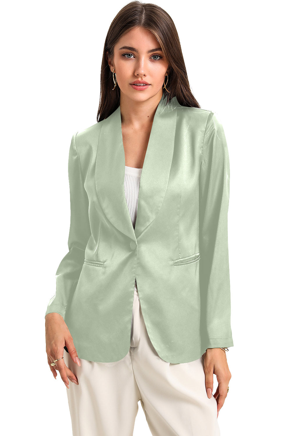 Green Collared Neck Single Breasted Blazer with Pockets