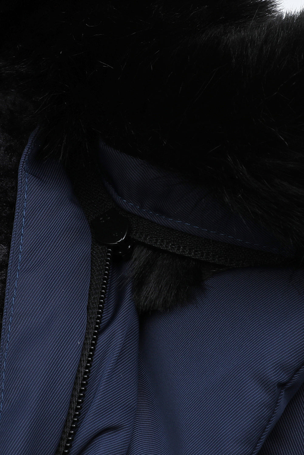 Navy Blue Plush Linen Zip Up Hooded Puffer Coat