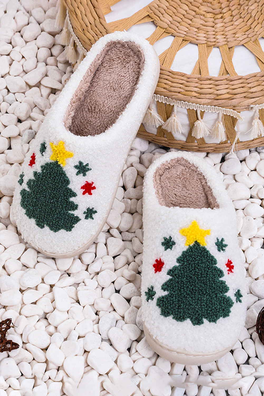 White Fuzzy Christmas Tree Pattern Home Slippers