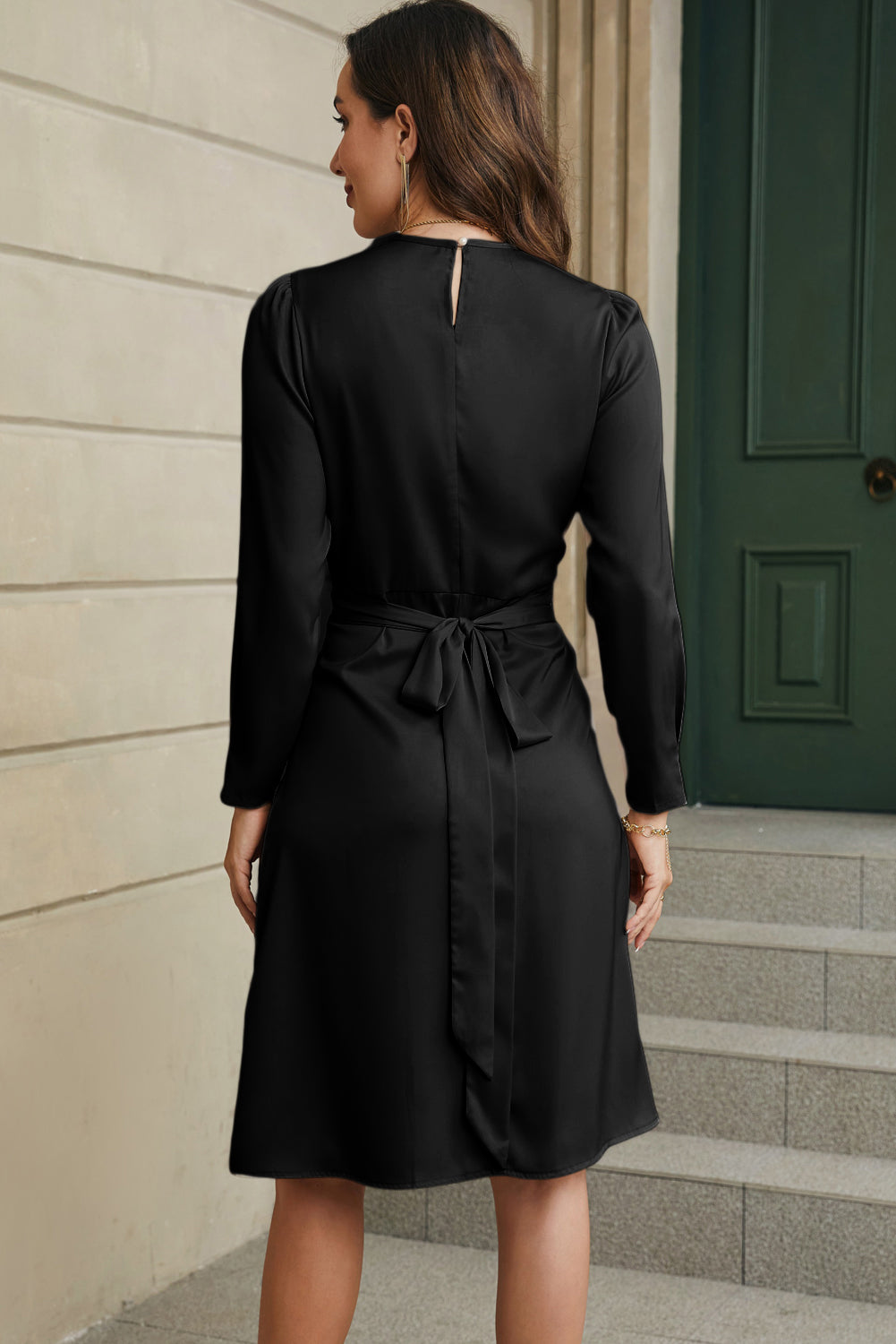 Black Twist Front Tie Back Long Sleeve Satin Dress