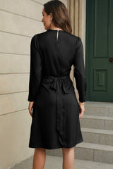Black Twist Front Tie Back Long Sleeve Satin Dress