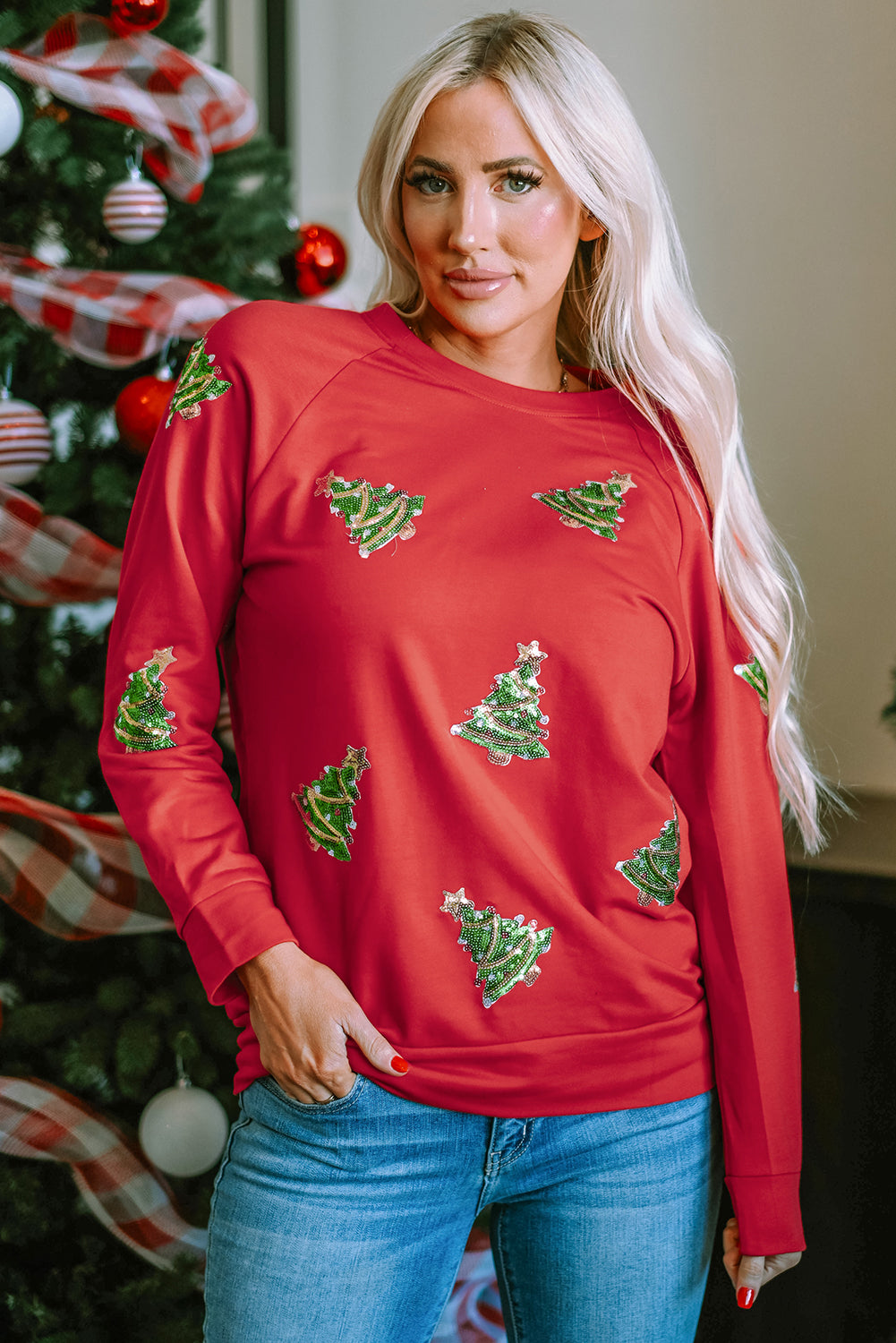 Fiery Red Sequined Christmas Tree Raglan Sleeve Sweatshirt