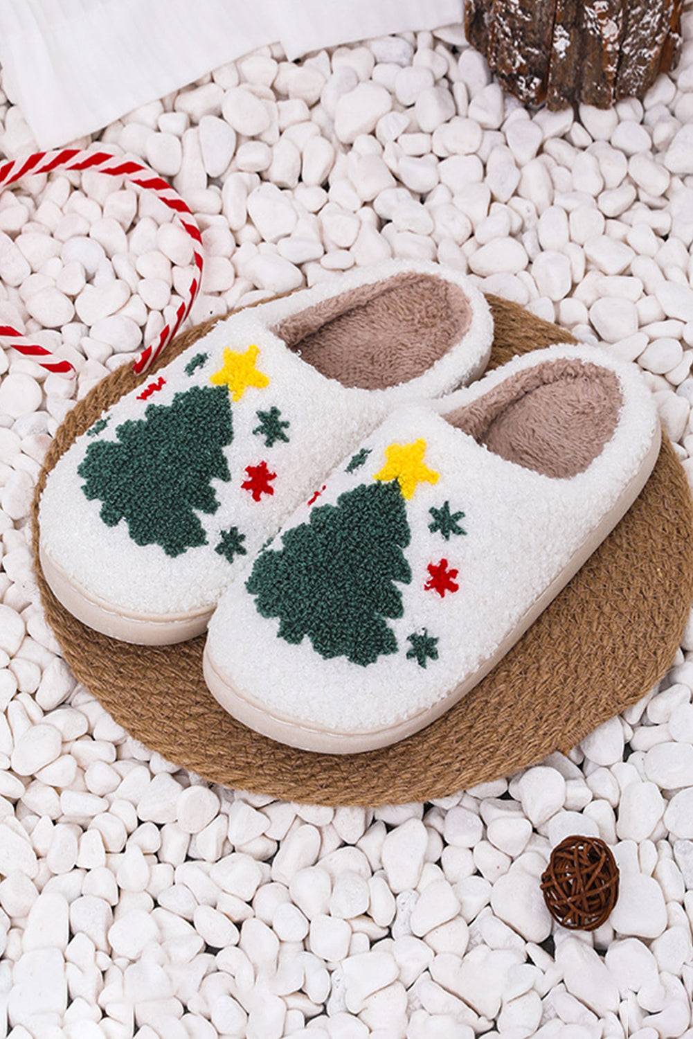 White Fuzzy Christmas Tree Pattern Home Slippers