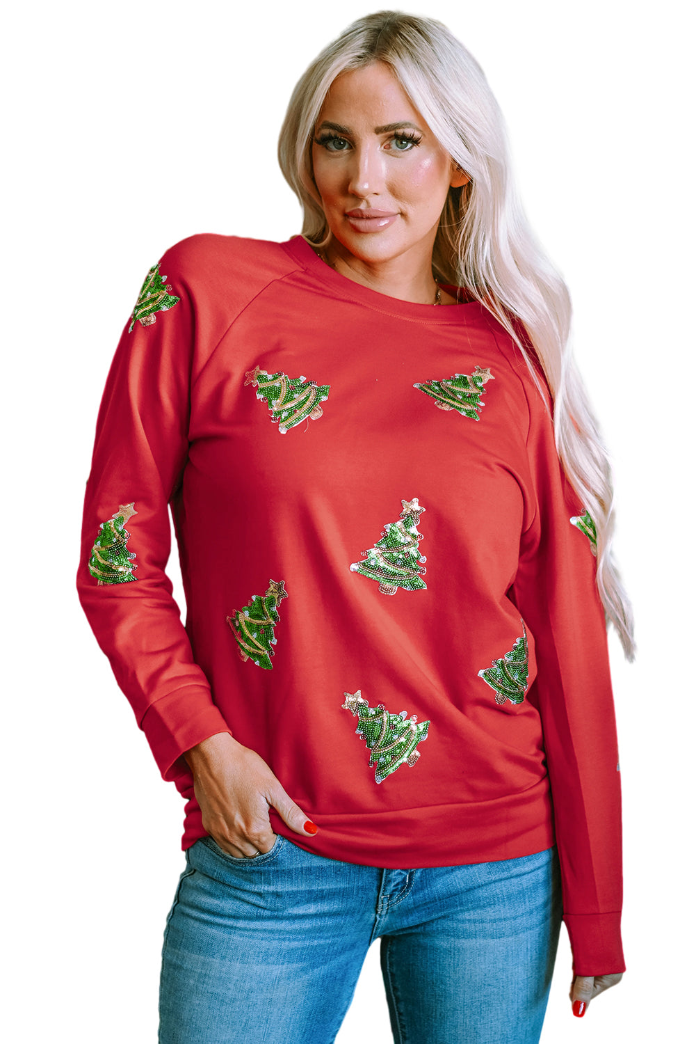 Fiery Red Sequined Christmas Tree Raglan Sleeve Sweatshirt