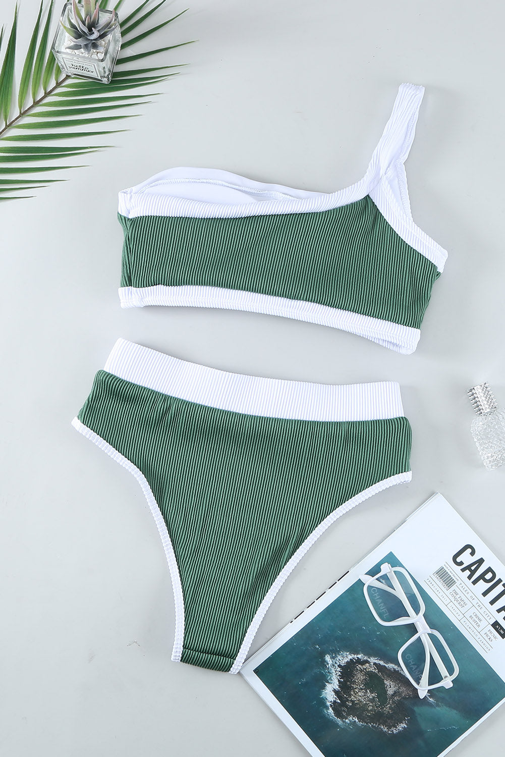 Green One Shoulder Patchwork High-waisted Bikini Set