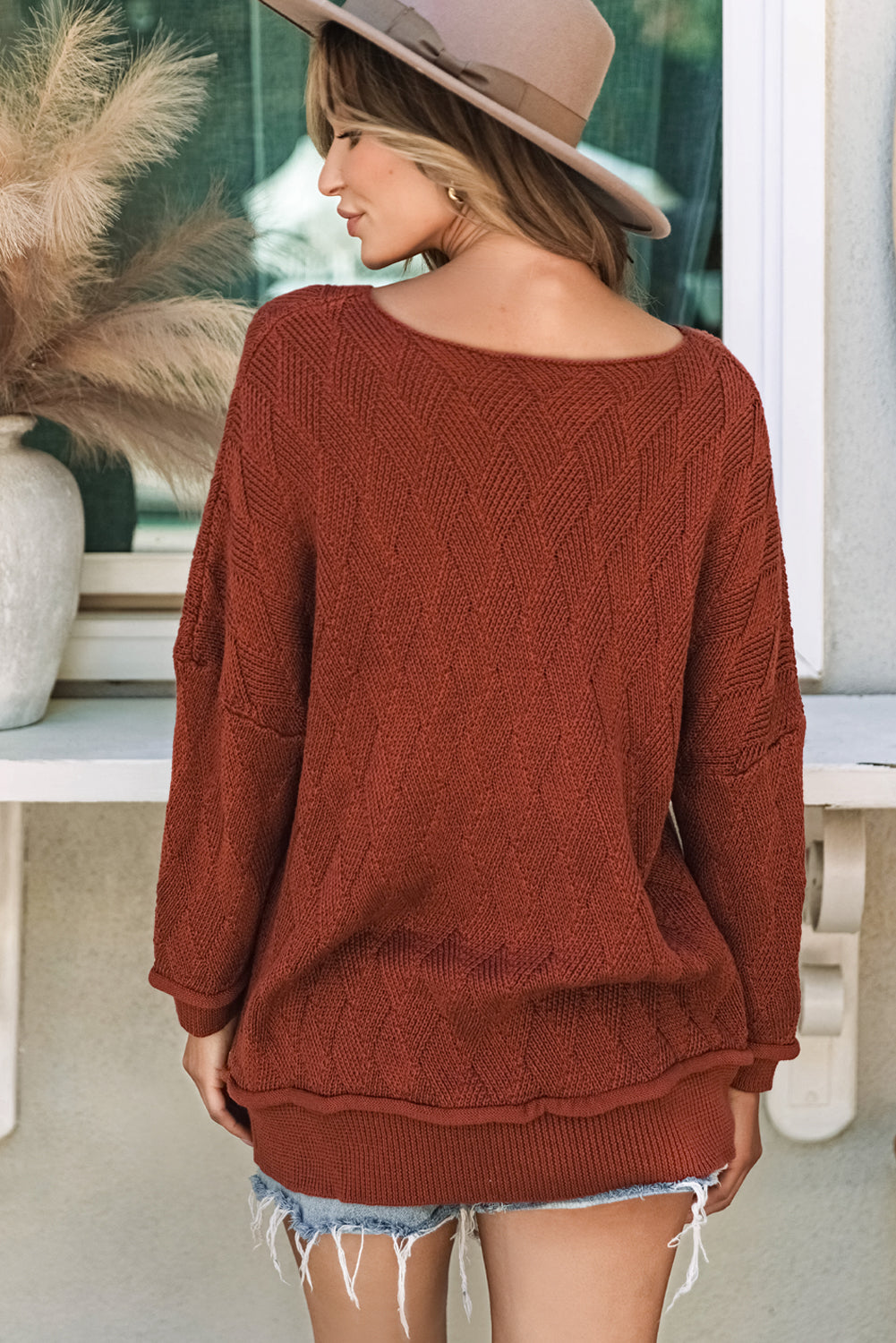 Gold Flame Solid Color Textured Crew Neck Loose Sweater