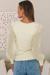Apricot Delicate Textured Mesh Sleeve Ribbed Knit Blouse