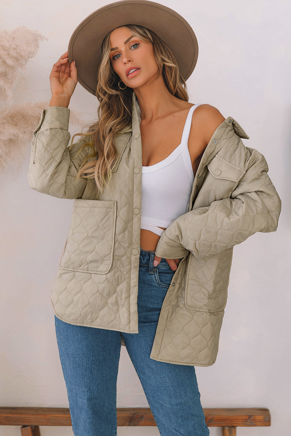 Beige 4 Big Pockets Quilted Button Down Puffer Coat