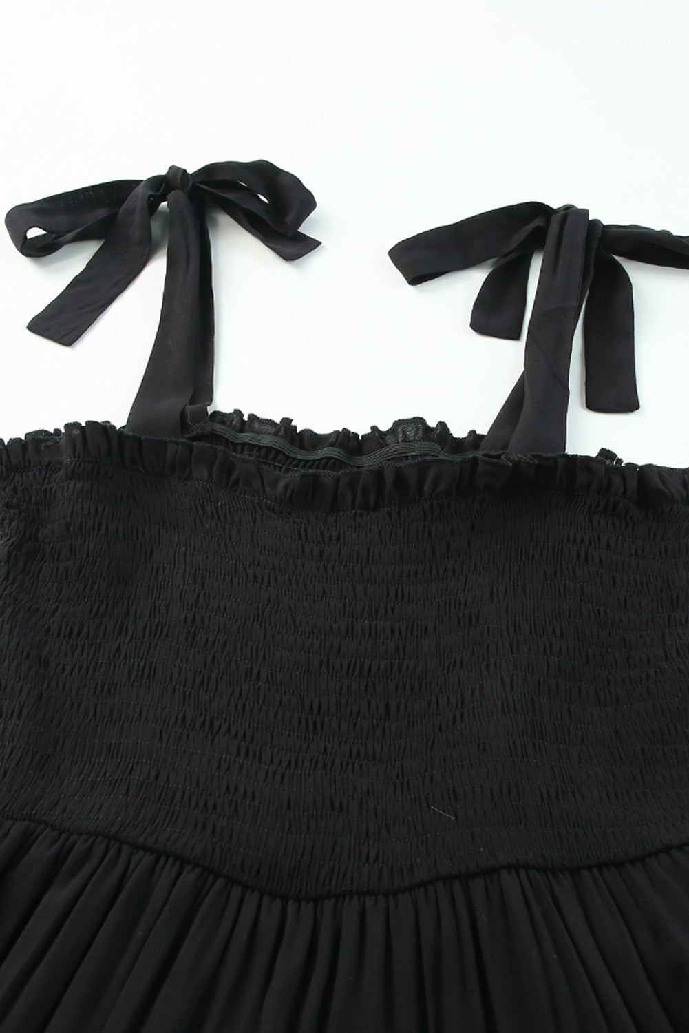 Black Tie Strap Smocked Frill Tiered Midi Dress