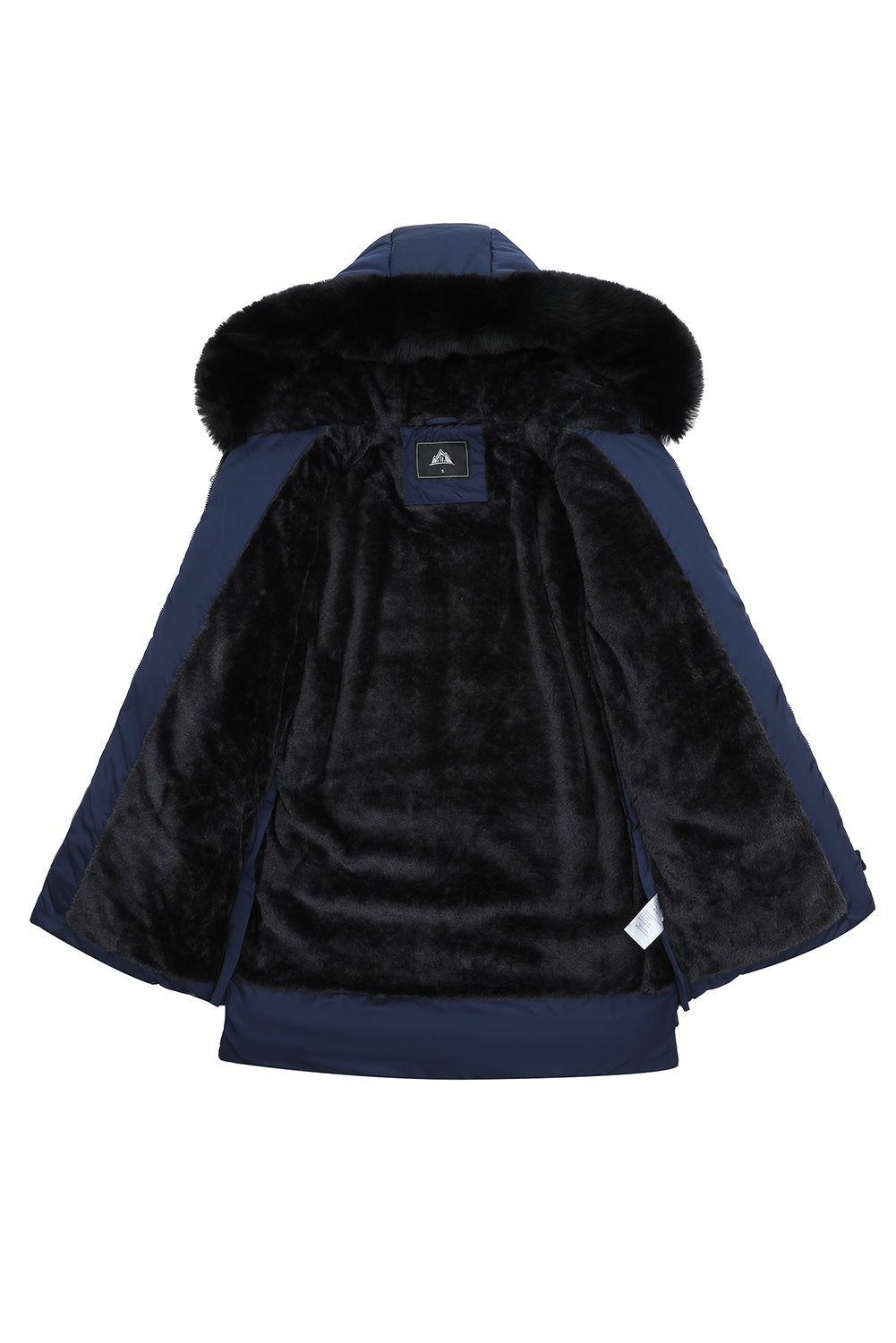 Navy Blue Plush Linen Zip Up Hooded Puffer Coat