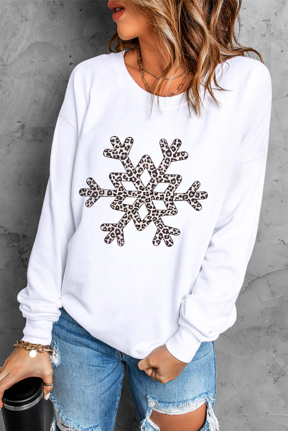 White Leopard Snowflake Pullover Sweatshirt