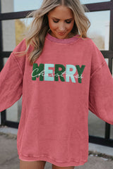 Strawberry Pink MERRY Christmas Chenille Embroidered Corded Sweatshirt