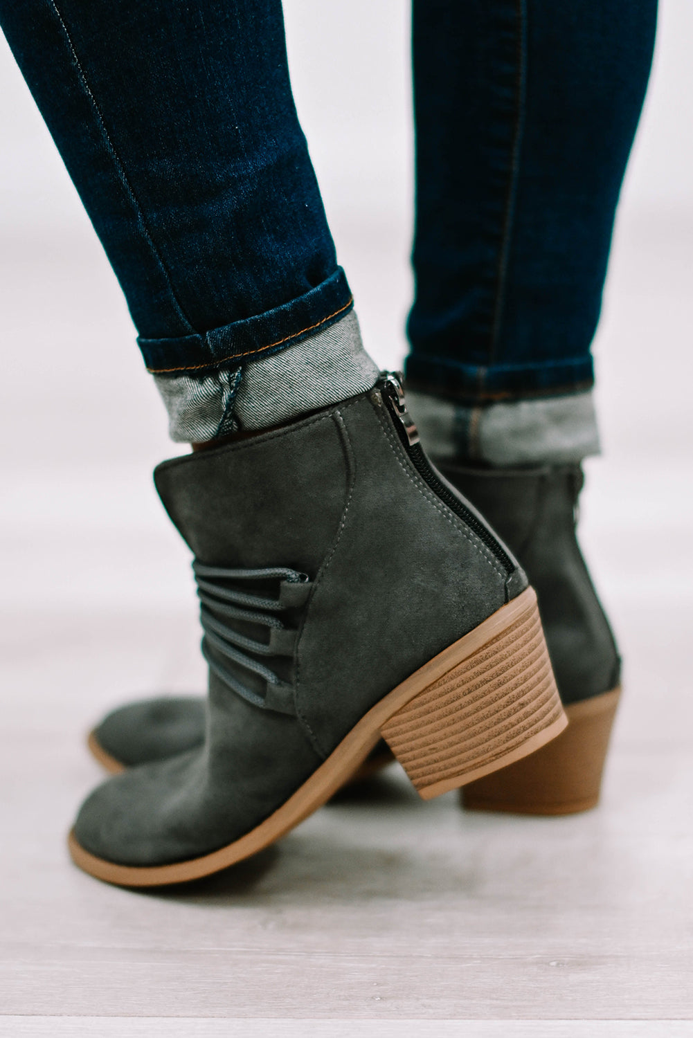 Dark Grey Criss Cross Slip-on Point Toe Heeled Boots