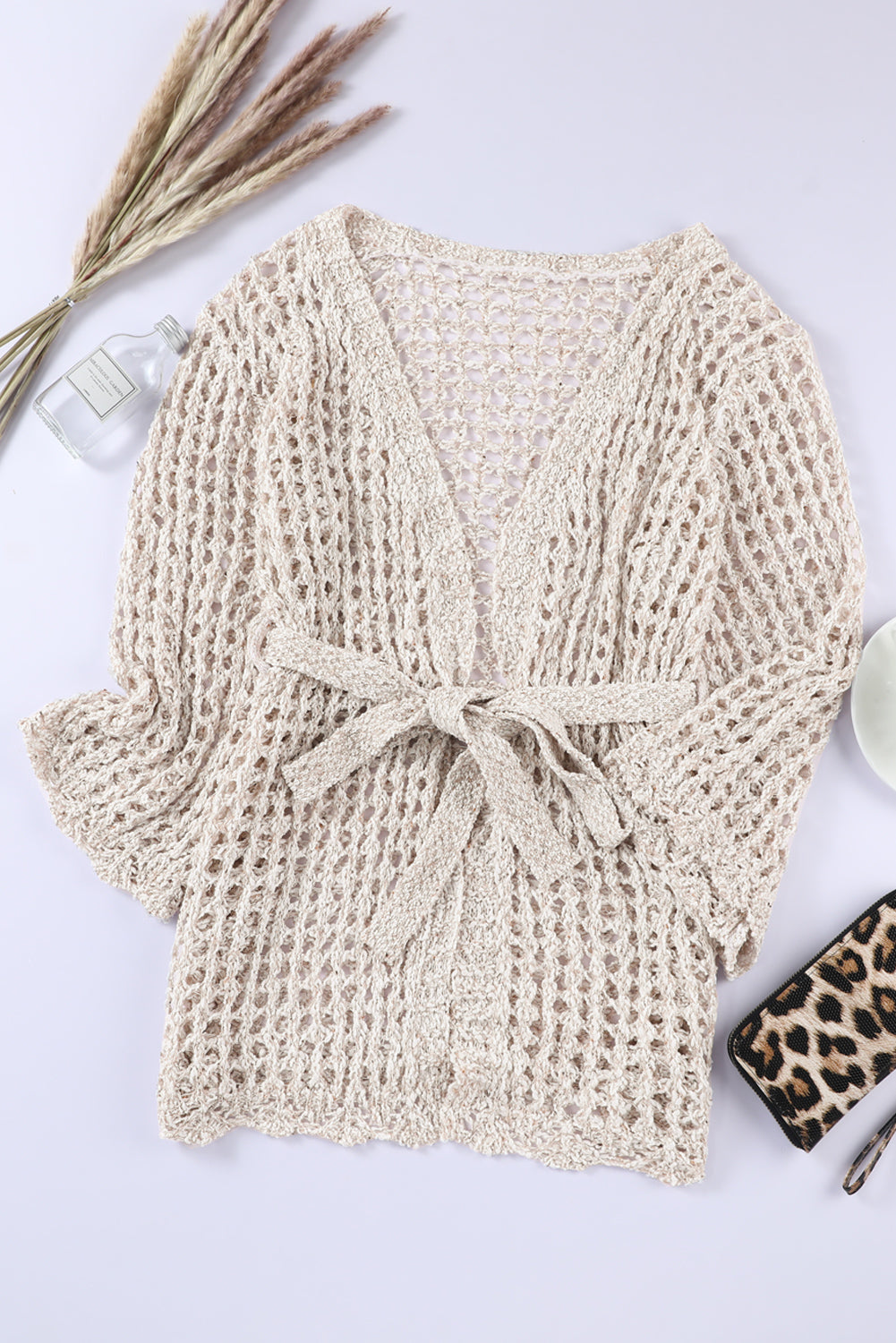Apricot Knit Crochet Open Front Beach Cover Up with Tie