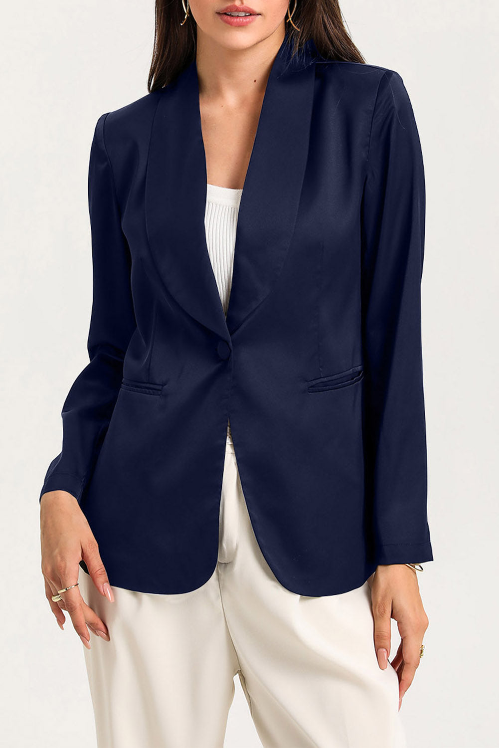 Blue Collared Neck Single Breasted Blazer with Pockets