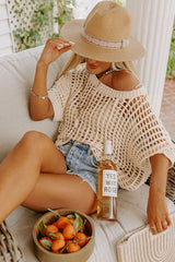 Apricot Fishnet Knit Ribbed Round Neck Short Sleeve Sweater Tee